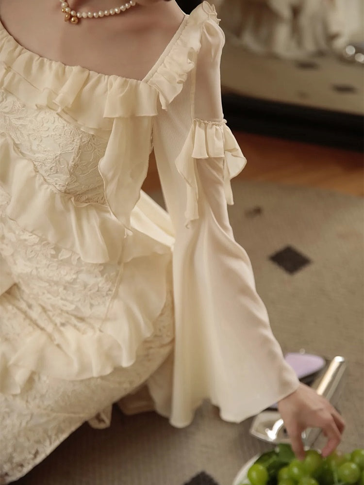 Asymmetry Ruffle Fairy Embroidered Fishtail Dress