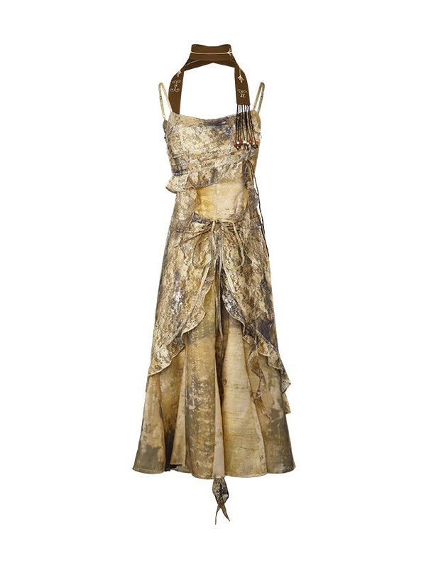 Classical Aesthetics Printed Lace Dress & Waist Slim Cardigan
