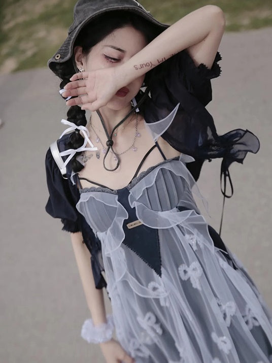Butterfly Embroidered Ribbon Fake Two-Piece Dress & Cardigan