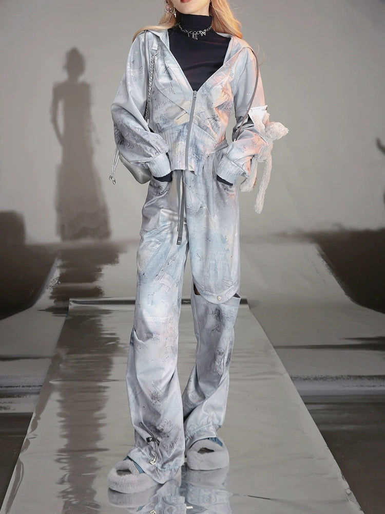 Graffiti Print Parka & Camisole Set & Cutout Pants & Slit Skirt