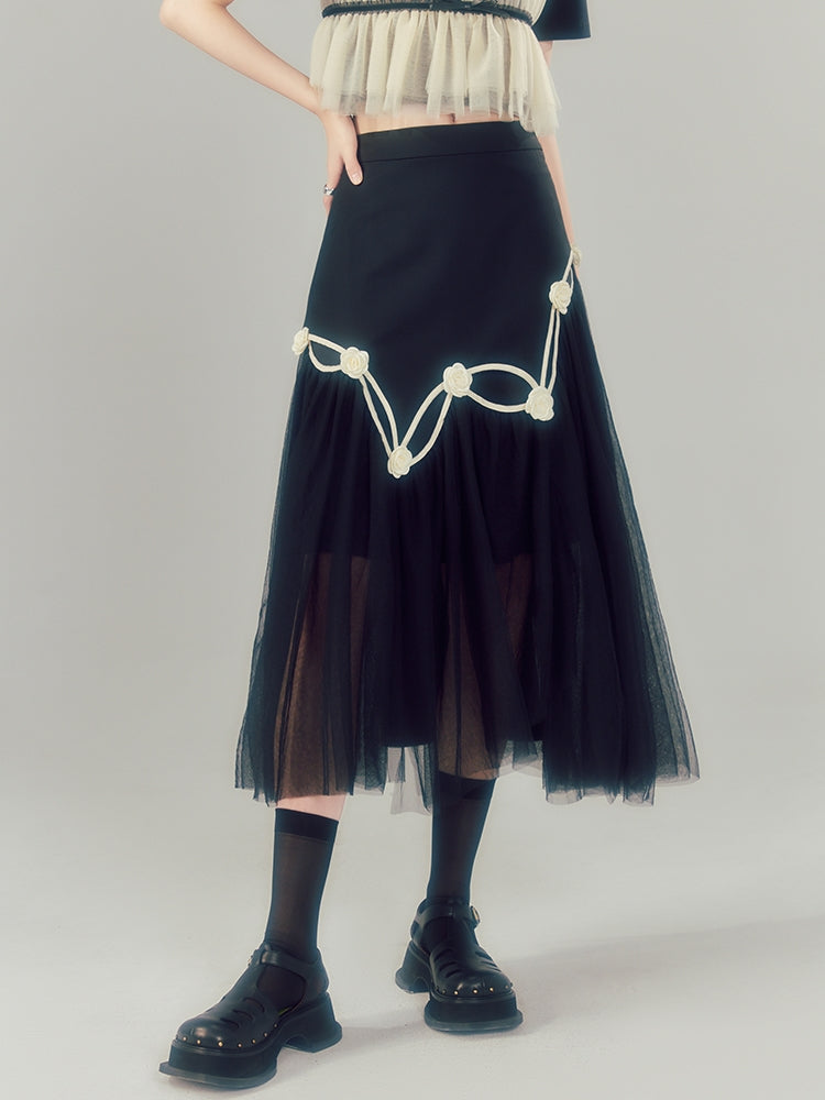 High Waist Bow Mesh Irregular Skirt
