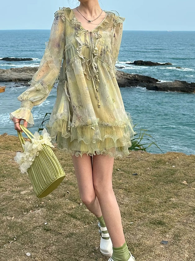 Oil Painting Printing Fishtail Dress & Top & Set-up