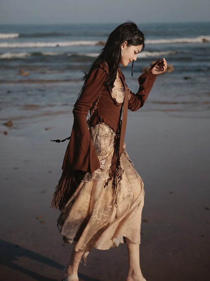 Classical Aesthetics Printed Lace Dress & Waist Slim Cardigan