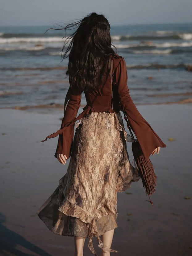 Classical Aesthetics Printed Lace Dress & Waist Slim Cardigan