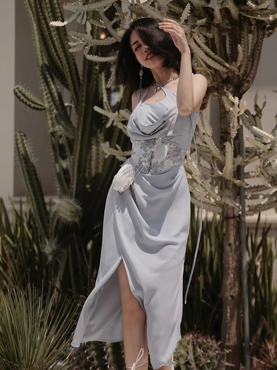 Drape Sling Dress With Floral Corset Belt