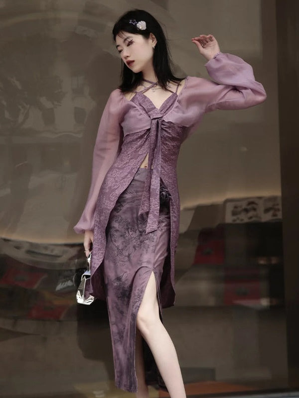 Sheer Short Top & Sling Set & Printed Skirt