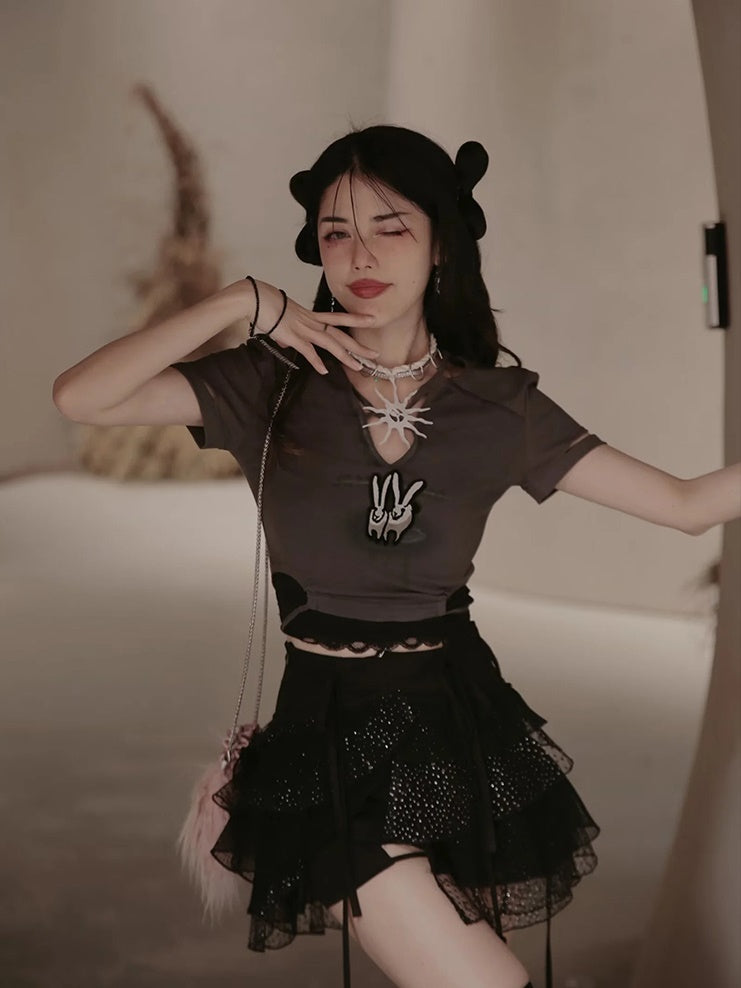 Bunny Length T-Shirt & Black Lace Set-up