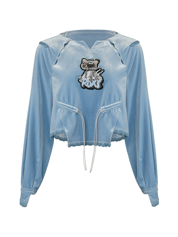 Loose Velvet Beaded Cat Top