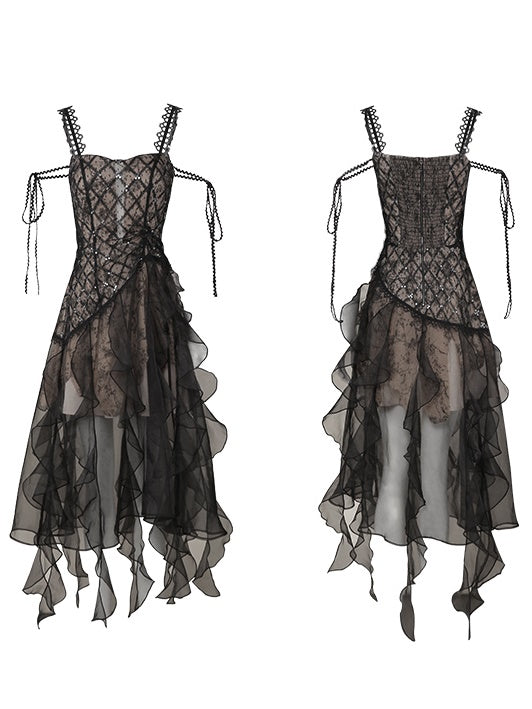 Irregular Frill Stitch Lace Sheer Sling Dress
