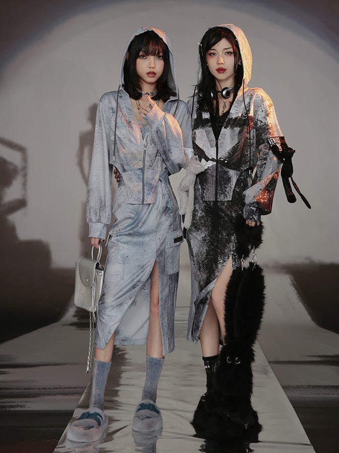 Graffiti Print Parka & Camisole Set & Cutout Pants & Slit Skirt