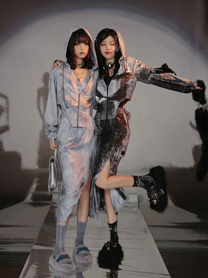 Graffiti Print Parka & Camisole Set & Cutout Pants & Slit Skirt