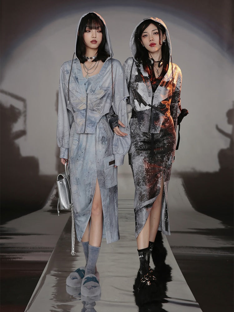 Graffiti Print Parka & Camisole Set & Cutout Pants & Slit Skirt