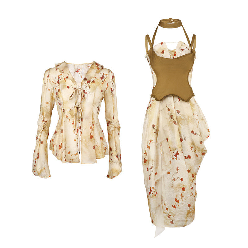 Floral Printed Strap Fake Layered Dress & Shirt