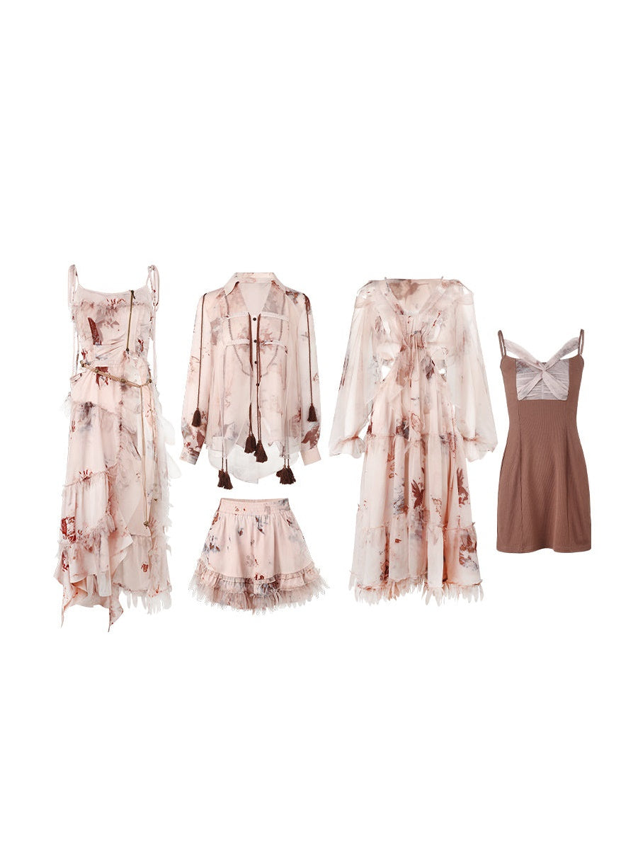 Exotic Print Set-up & Sling Dress & Culottes & Sheer Shirt