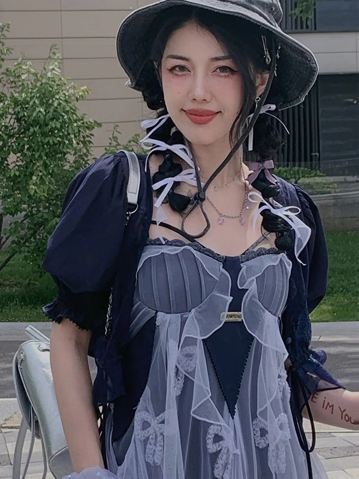 Butterfly Embroidered Ribbon Fake Two-Piece Dress & Cardigan