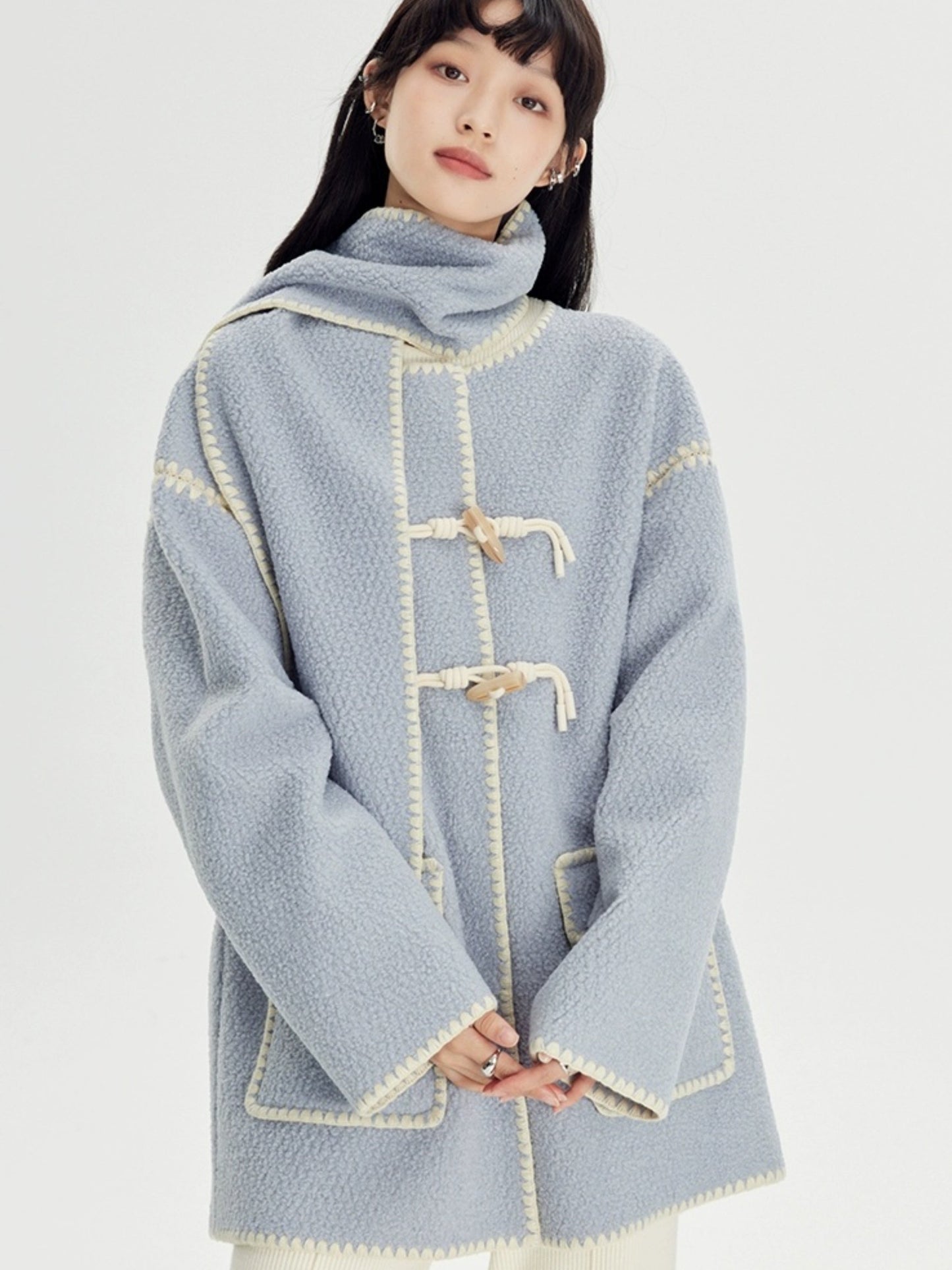 Embroidered Stitch Horn Button Coat