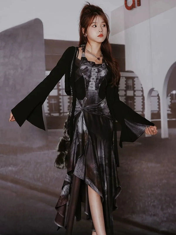 Butterfly Print Halterneck Dress & Flare Sleeve Cardigan