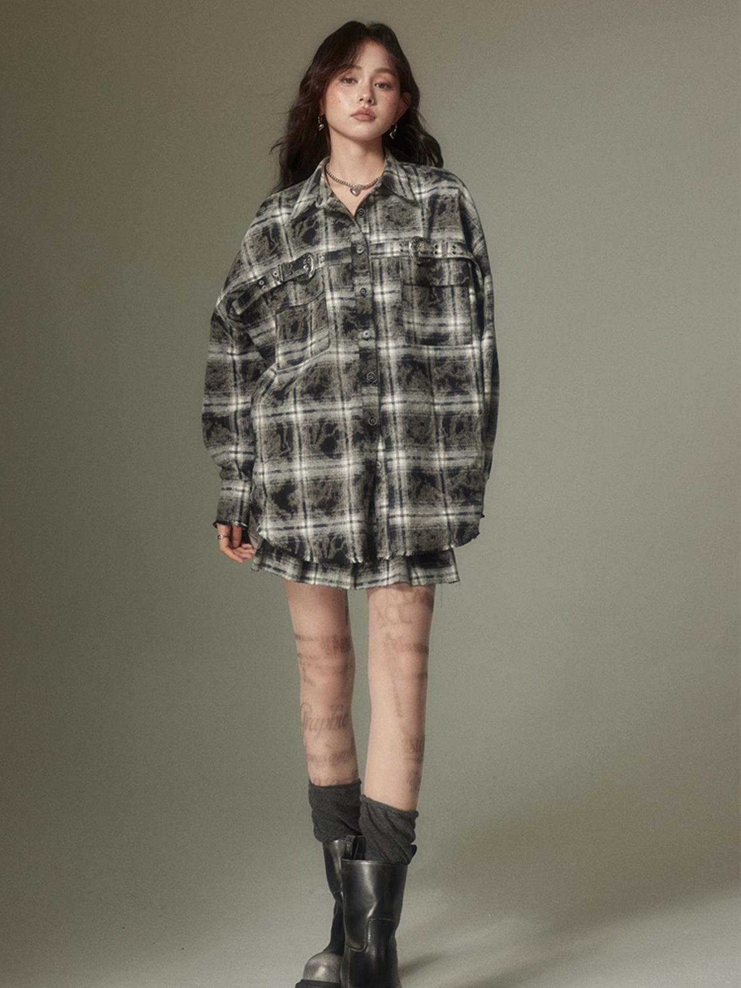 Plaid Loose Long Sleeve Shirt & Pleated Skirt