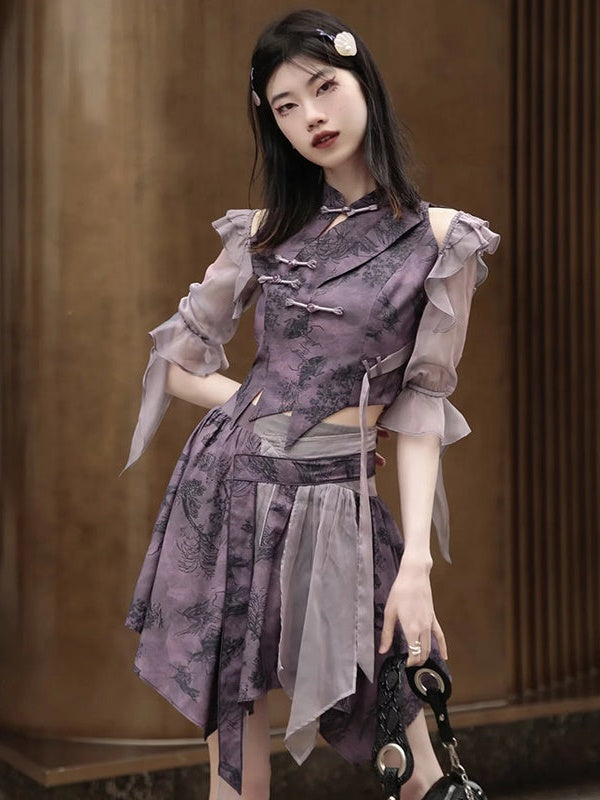 Chinese Style Short Top & Irregular Hem Skirt & Camisole & Cropped Sheer Cardigan