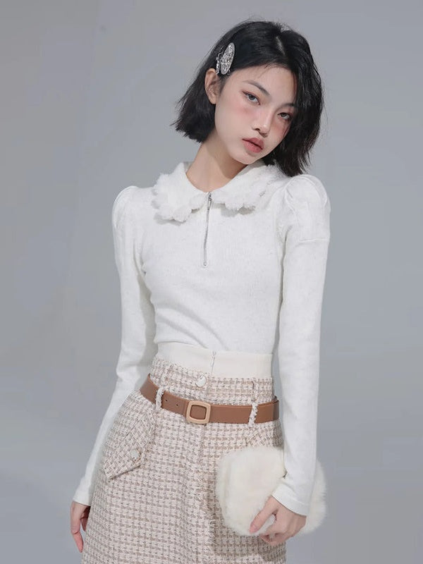 Knitted Fur Ball Collar Shirt