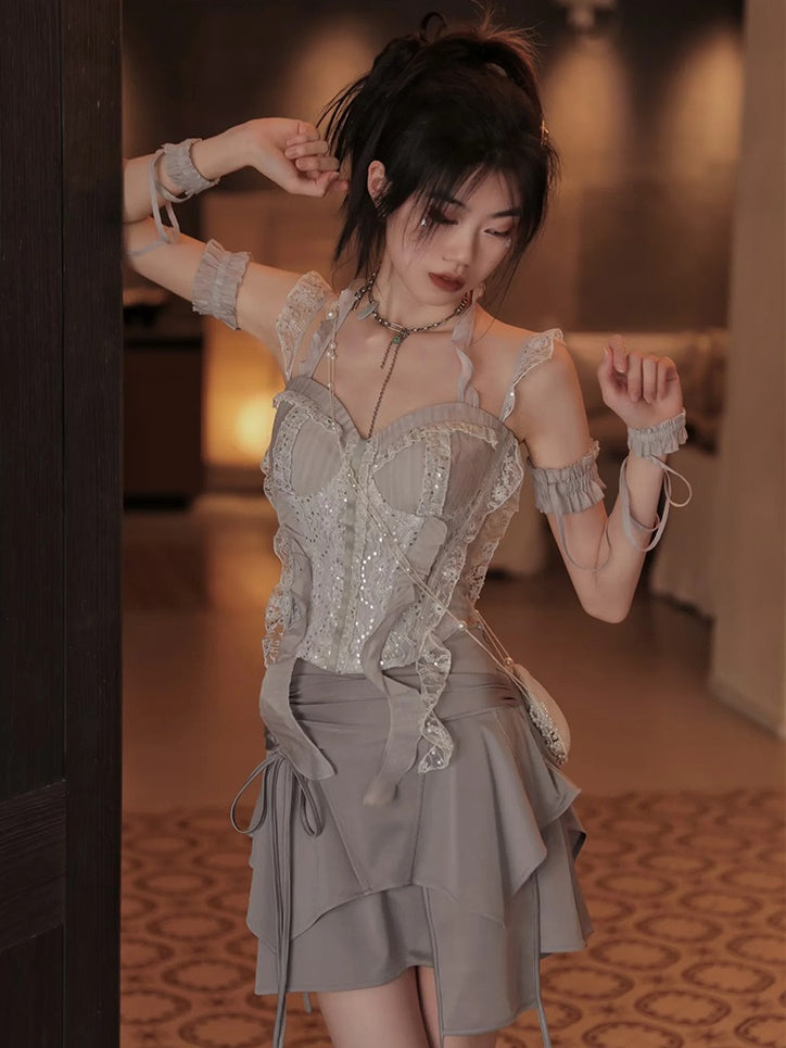 Lace Spangle Stitch Camisole Top & Irregular Hem Culottes
