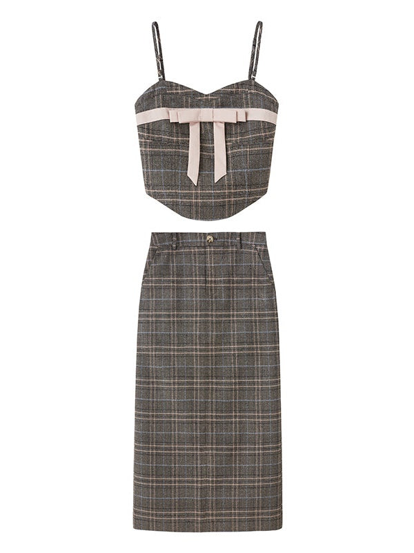 Plaid Bow Cropped Camisole & Long Skirt