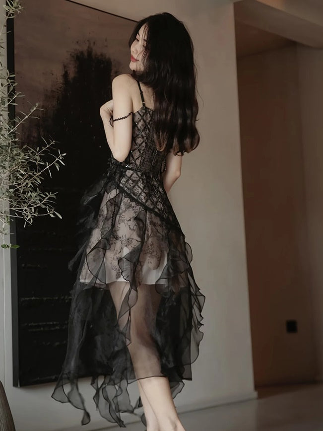 Irregular Frill Stitch Lace Sheer Sling Dress