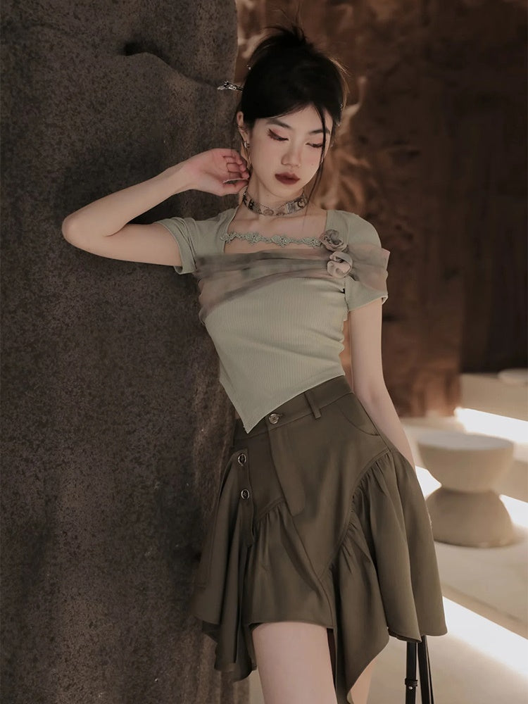 Short Jacket &Asymmetry Culottes & Tube Top & T-shirt