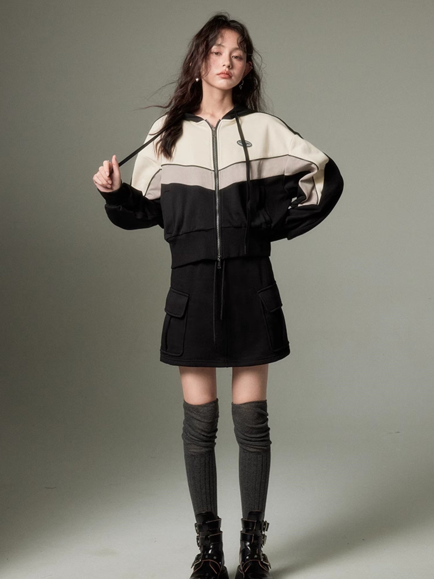 Sports Style ZIP-up Hoodie & A-Line Skirt