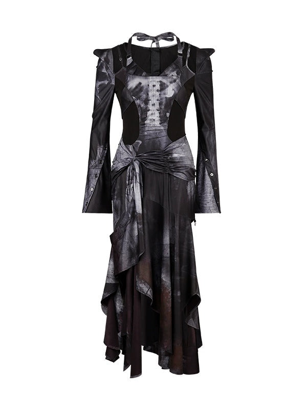 Butterfly Print Halterneck Dress & Flare Sleeve Cardigan