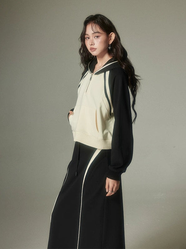 Half-ZIP Hooded Sweat Pullover& Line Skirt