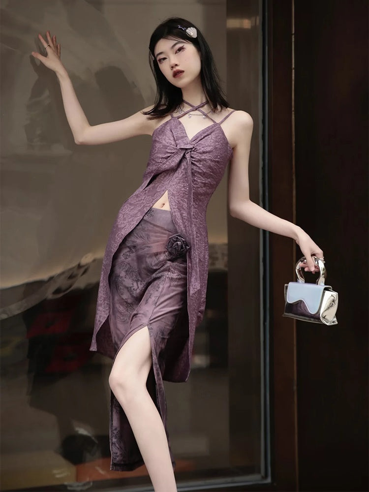 Sheer Short Top & Sling Set & Printed Skirt