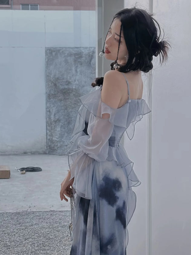 Oil Painting Print Dress with Detachable Sleeves