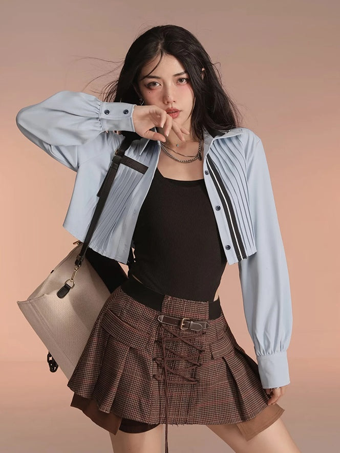 Plaid Fake Two Check Skirt Pants
