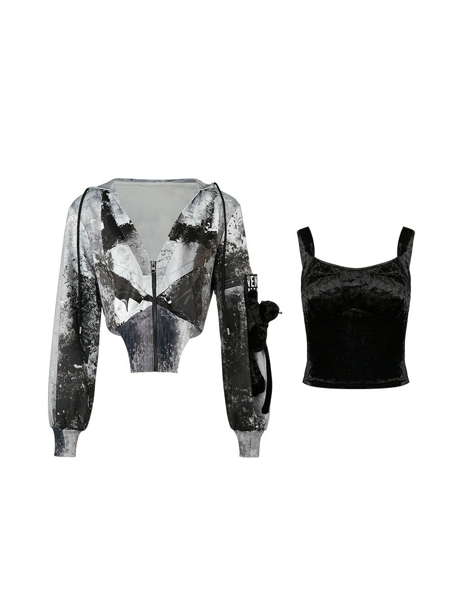 Graffiti Print Parka & Camisole Set & Cutout Pants & Slit Skirt