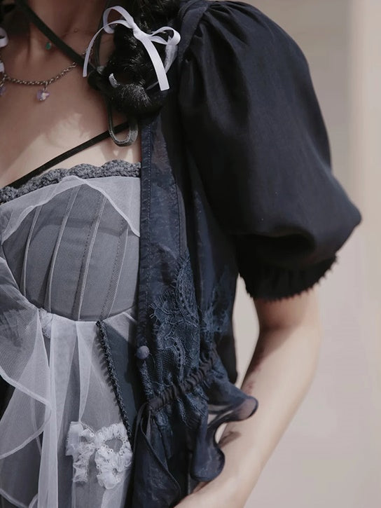 Butterfly Embroidered Ribbon Fake Two-Piece Dress & Cardigan
