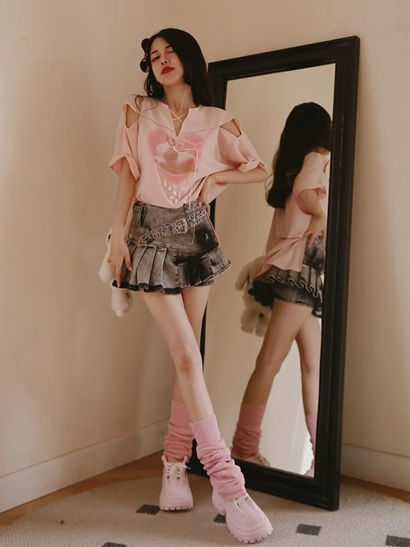 Y2k Pleated Denim Skirt Pants