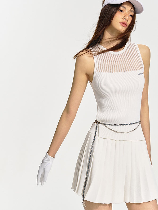 Hollow Knitted Vest & Pleat Skirt