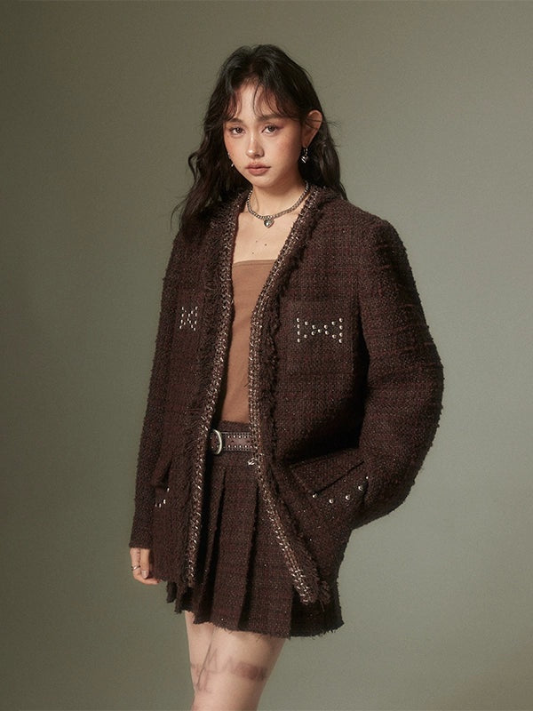 Rivet Glitter Tweed No-Collar Jacket & Pleated Skirt