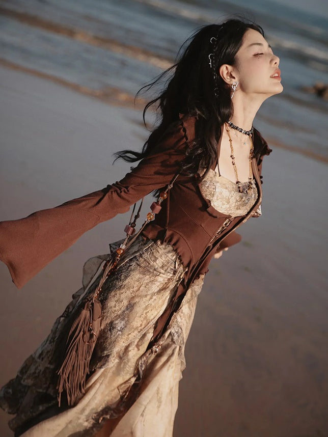 Classical Aesthetics Printed Lace Dress & Waist Slim Cardigan