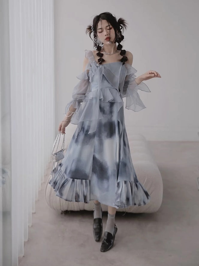 Oil Painting Print Dress with Detachable Sleeves