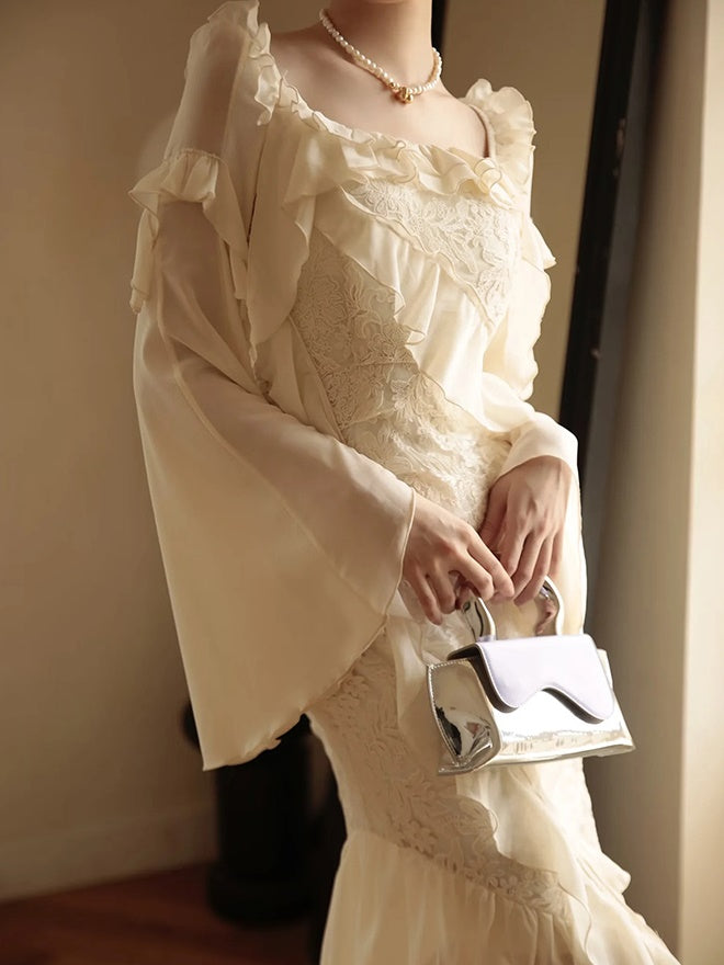 Asymmetry Ruffle Fairy Embroidered Fishtail Dress