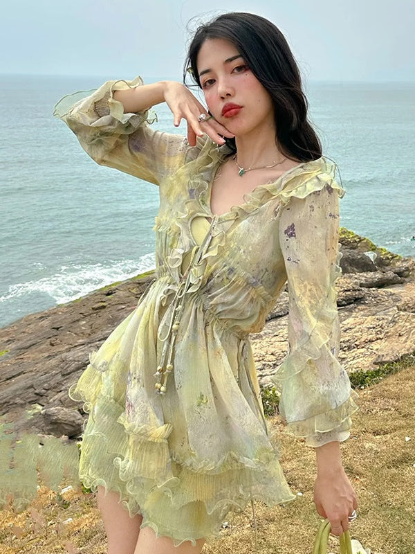 Oil Painting Printing Fishtail Dress & Top & Set-up