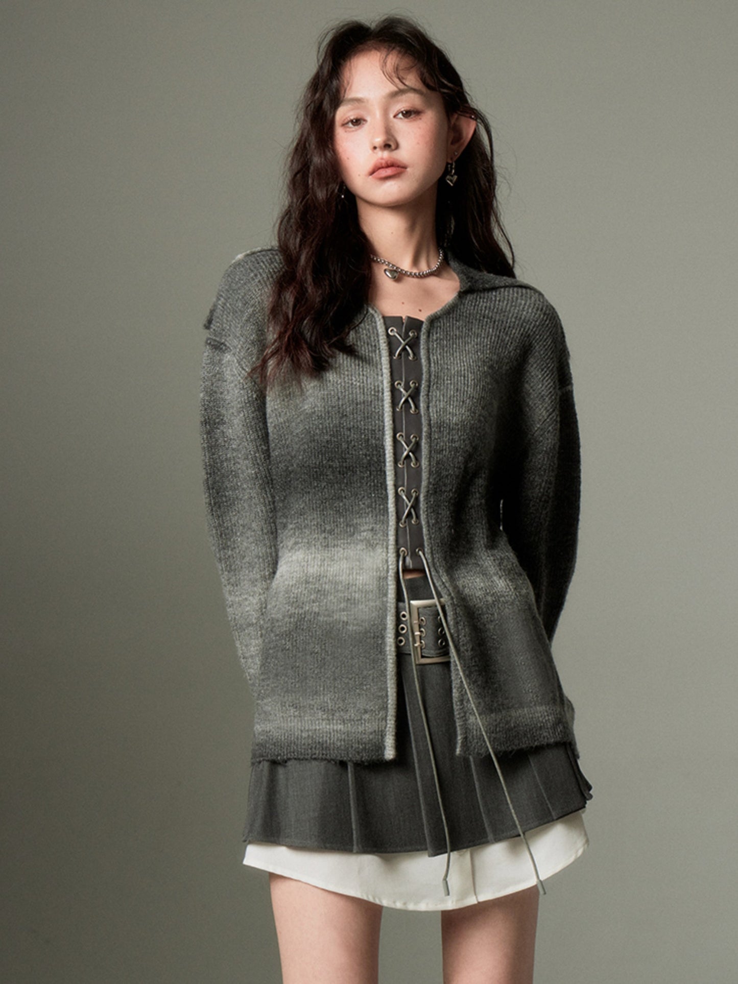 Lazy Loose Lace-Up Knitted Cardigan