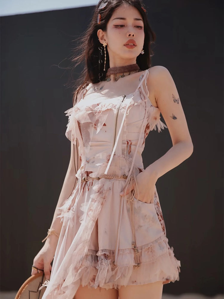Exotic Print Set-up & Sling Dress & Culottes & Sheer Shirt