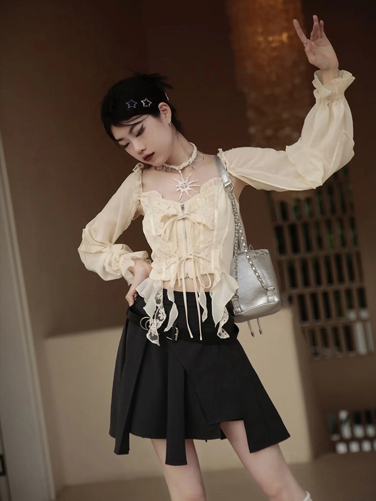 Embroidered Lace Stitch Pullover & Removable Sleeve Corset Top