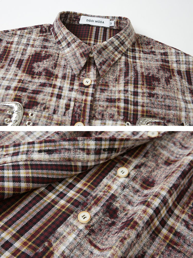Plaid Loose Long Sleeve Shirt & Pleated Skirt