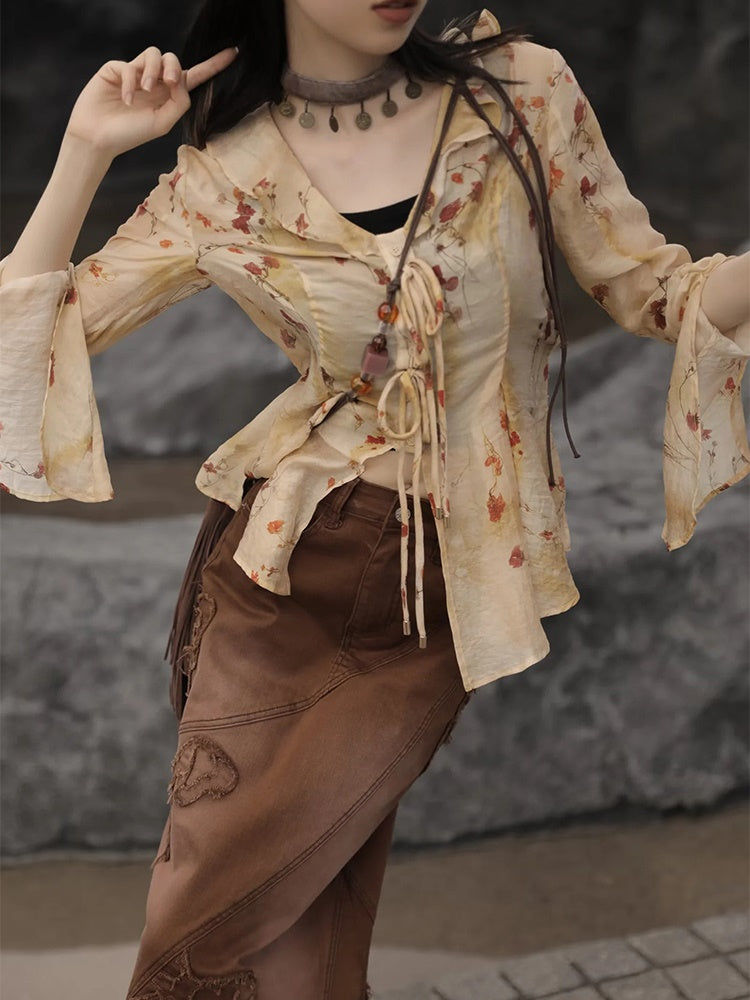 Floral Printed Strap Fake Layered Dress & Shirt