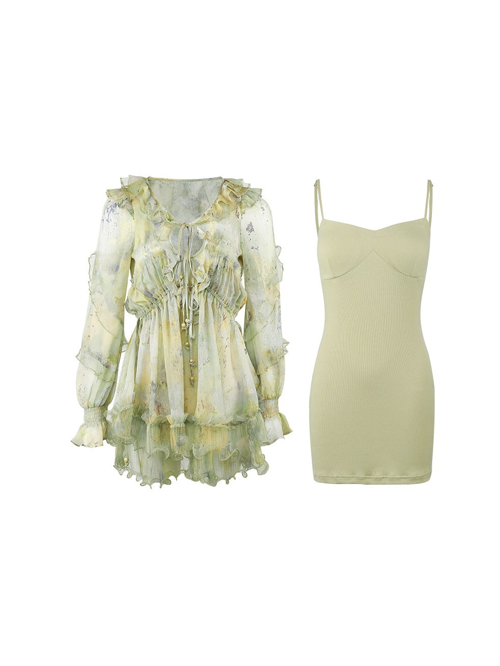 Oil Painting Printing Fishtail Dress & Top & Set-up
