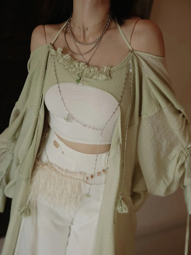 Jacquard Slip Bud Dress & Sheer Cardigan & Accessory